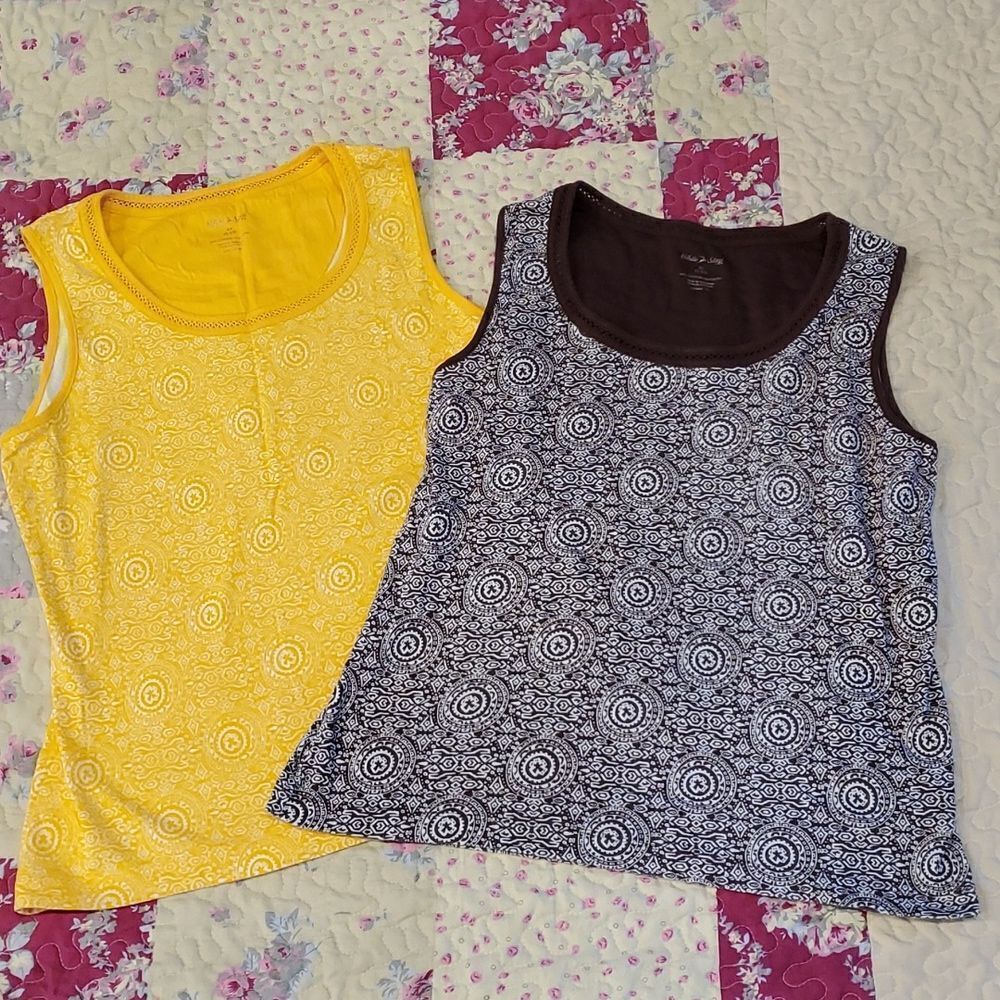 Lot/2 Brown & Yellow Medallion Print Lace Trim Tank Tops Sz M 623